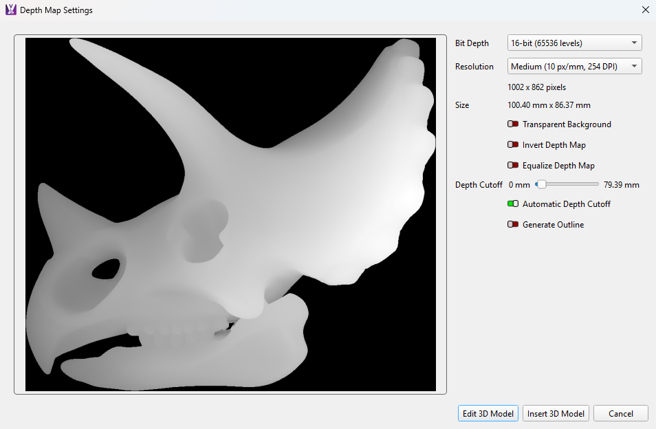 Image of Depth Map Settings window