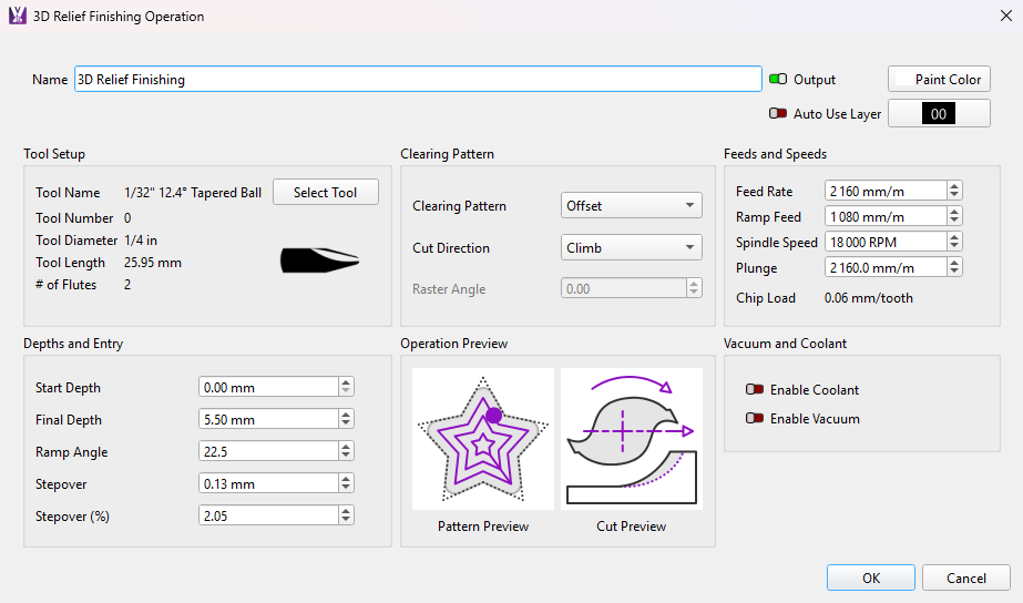 Screenshot of 3D Relief Roughing operation settings