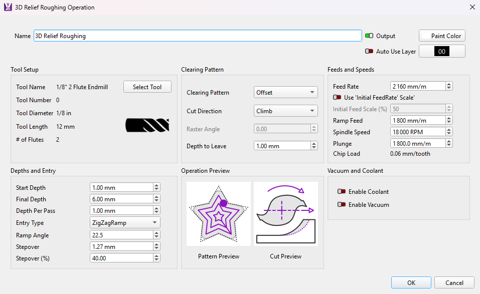 Screenshot of 3D Relief Roughing operation settings