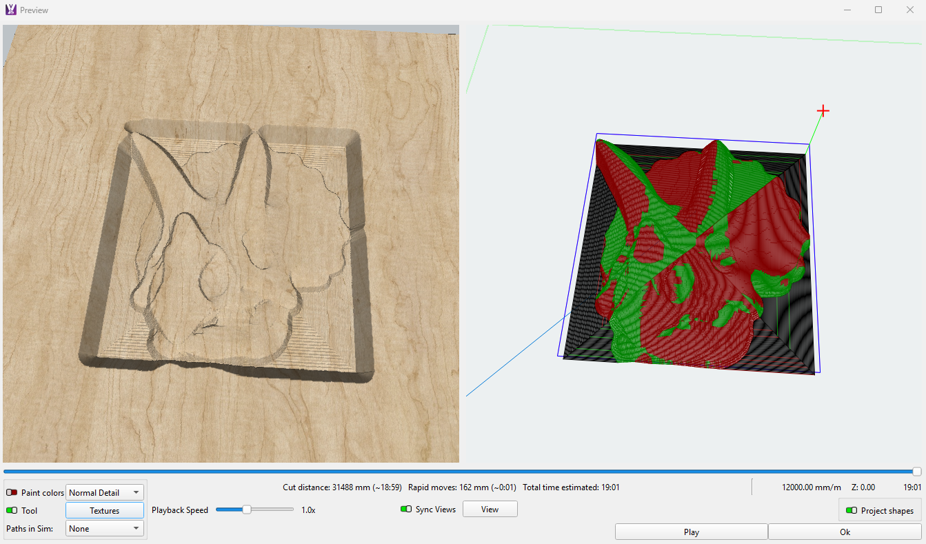 Preview window showing 3D relief finishing operation result — a 3D carving of a triceratops fossil with a carved rectangular background