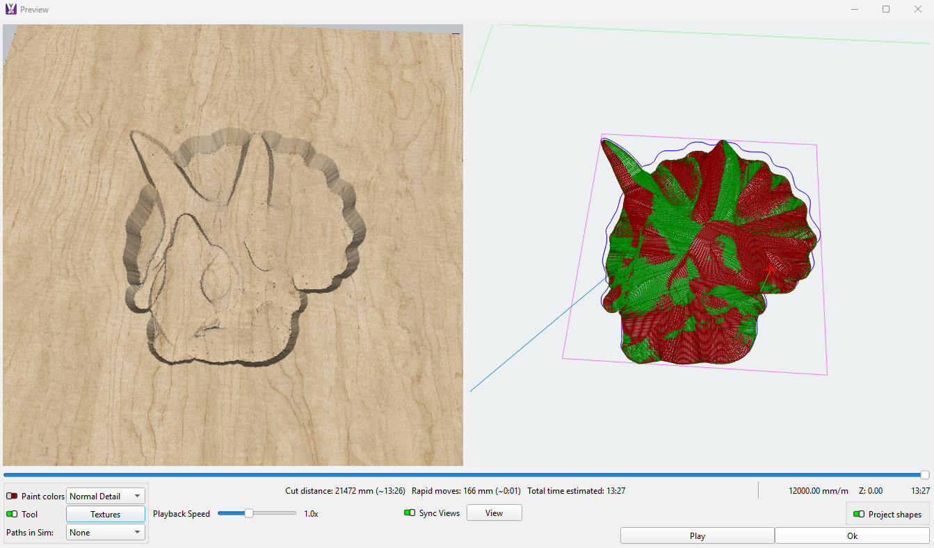 Preview window showing 3D relief finishing operation result — a 3D carving of a triceratops fossil