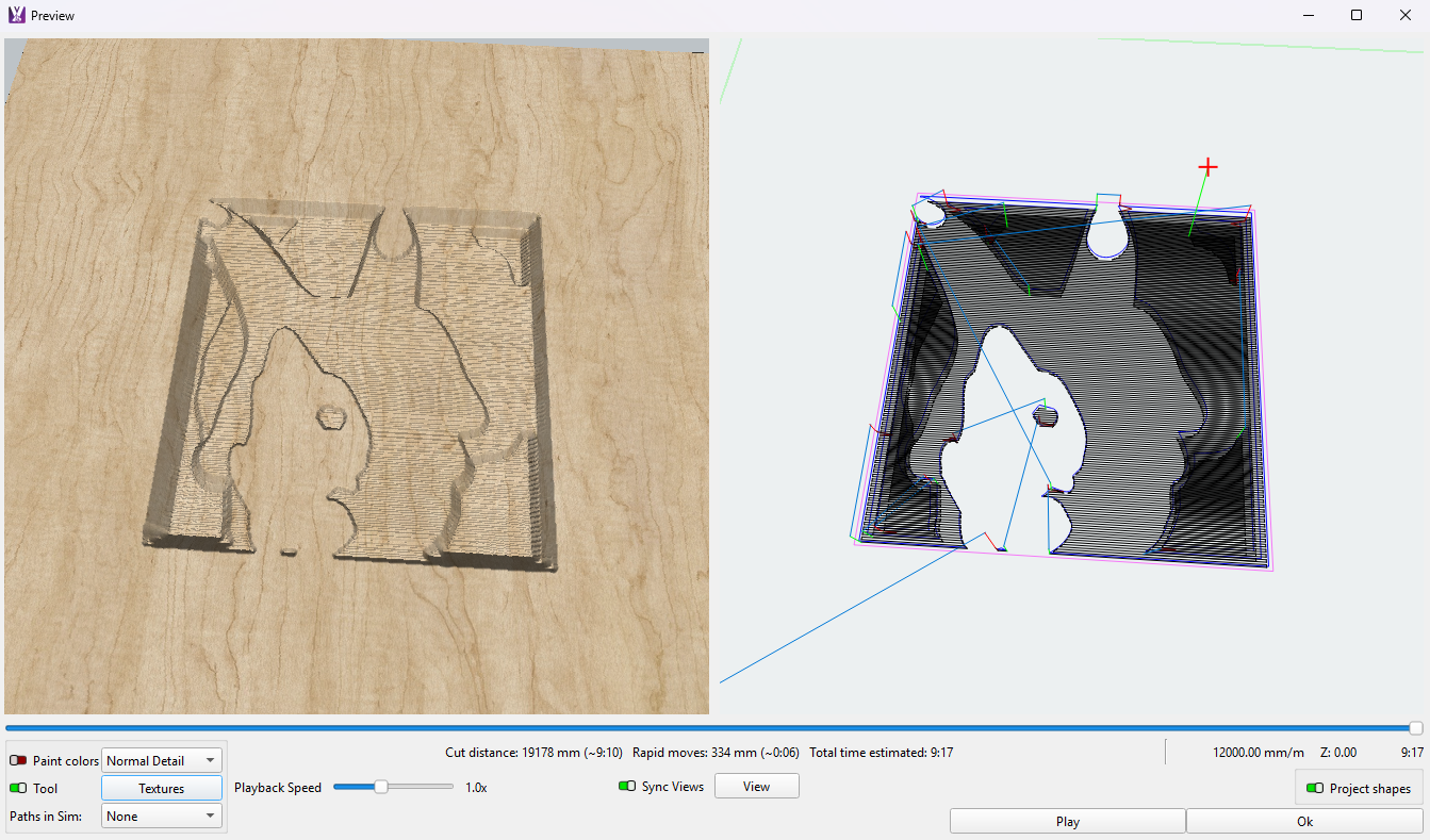 Preview window showing 3D relief roughing operation result — a 3D carving of a triceratops fossil with a carved rectangular background