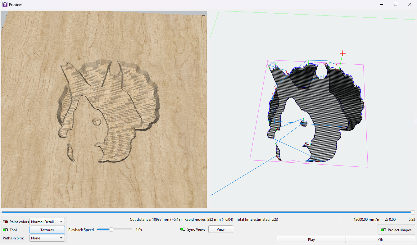 Preview window showing 3D relief finishing operation result — a 3D carving of a triceratops fossil