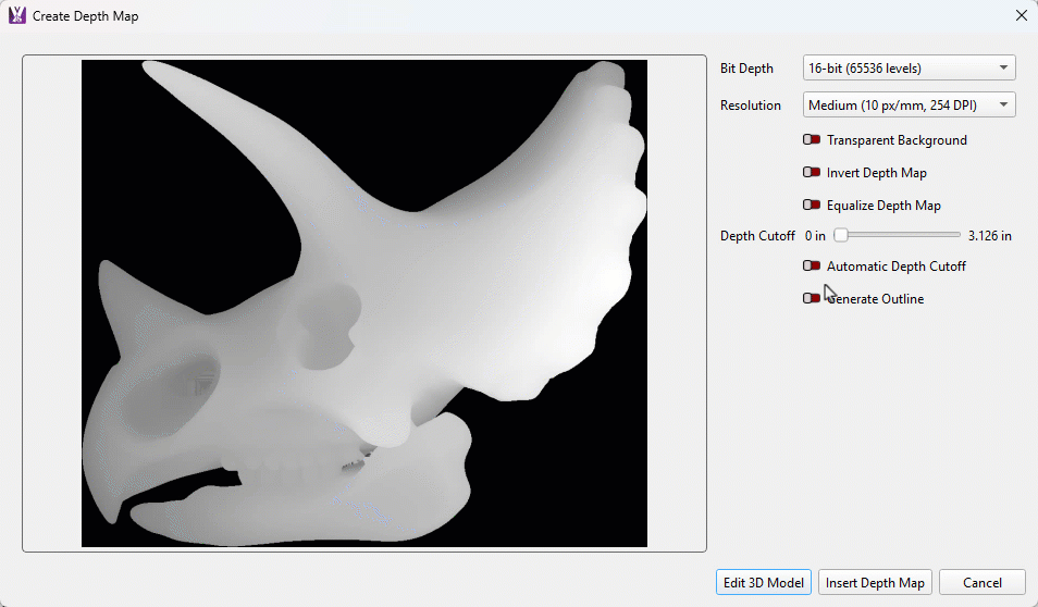 GIF of a triceratops skull that appears to be slowly submerged with darkness, representing the portion above the cutoff that will be reproduced