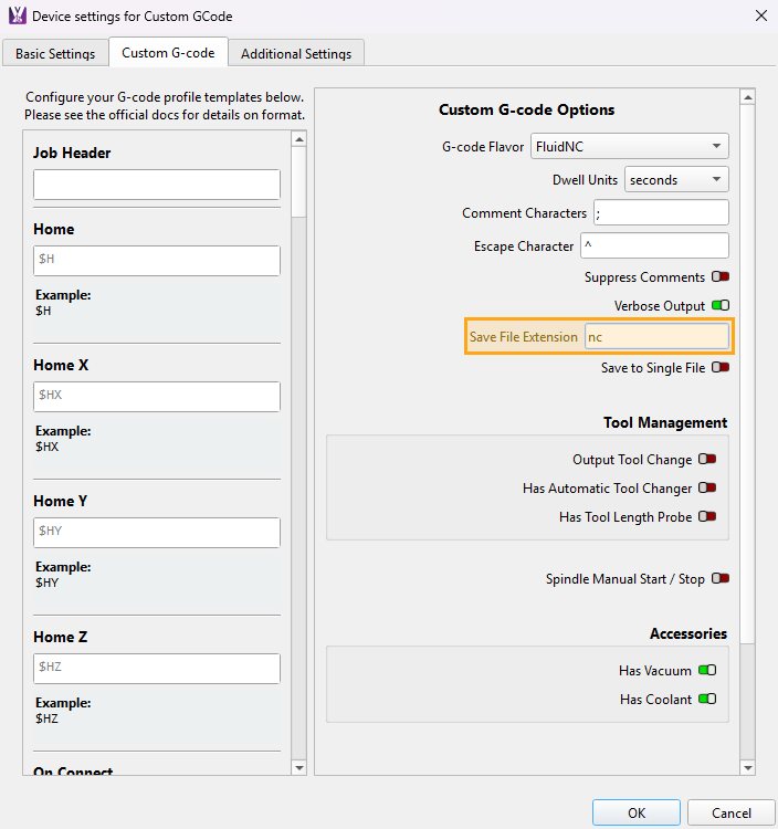 Screenshot of Custom GCode device settings with the Save File Extension highlighted