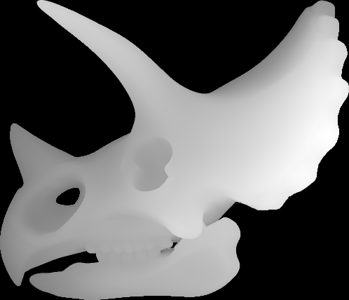 Screenshot of MillMage Workspace with a grayscale depth map of a side profile view of a fossilized Triceratops skull