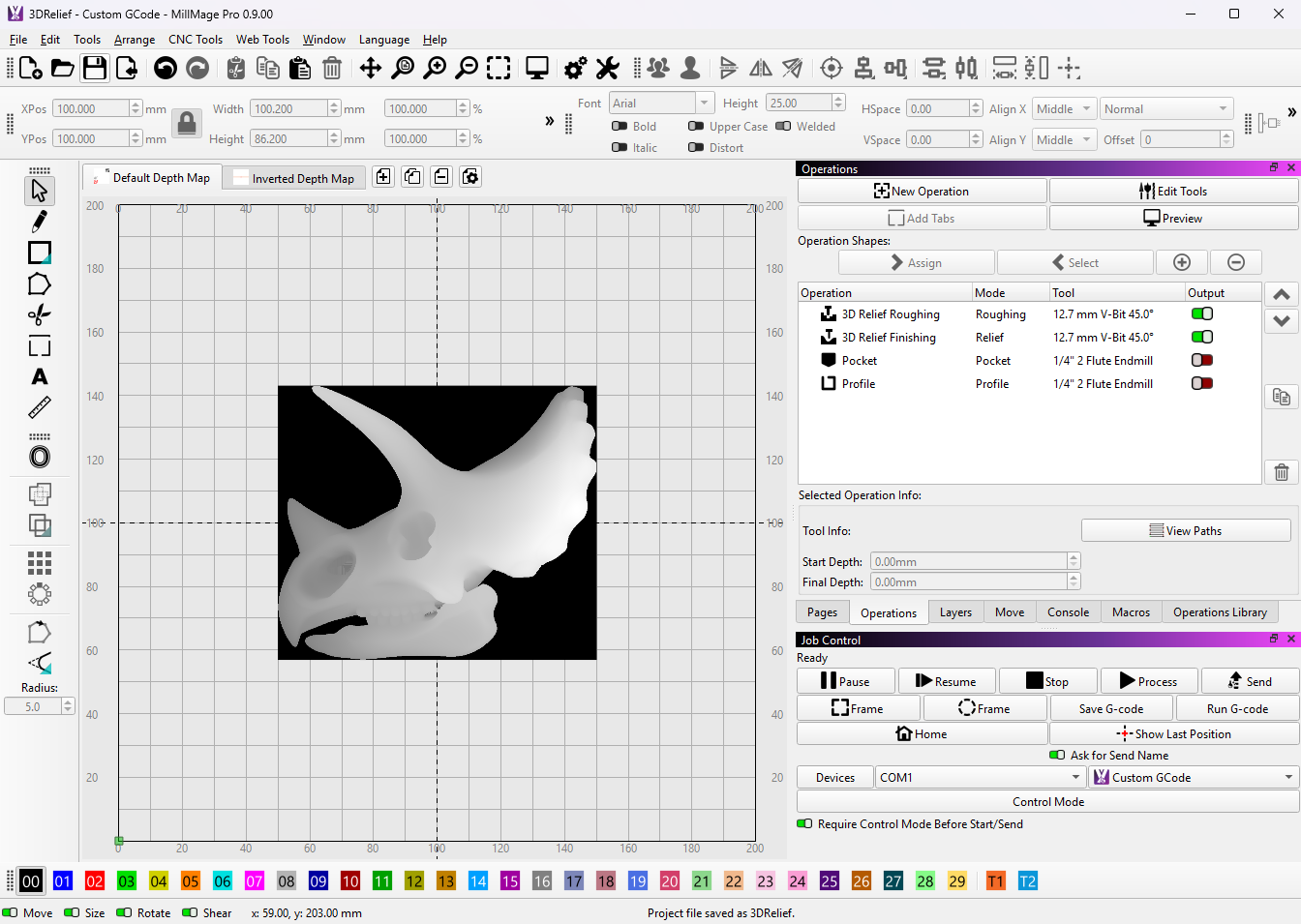 Screenshot of MillMage Workspace with a grayscale depth map of a side profile view of a fossilized Triceratops skull