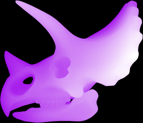Screenshot of MillMage Workspace with a grayscale depth map of a side profile view of a fossilized Triceratops skull
