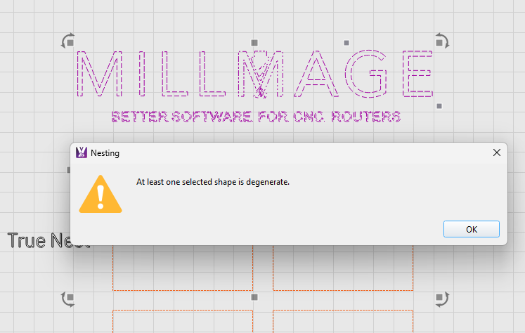 Screenshot of degenerate shapes error message