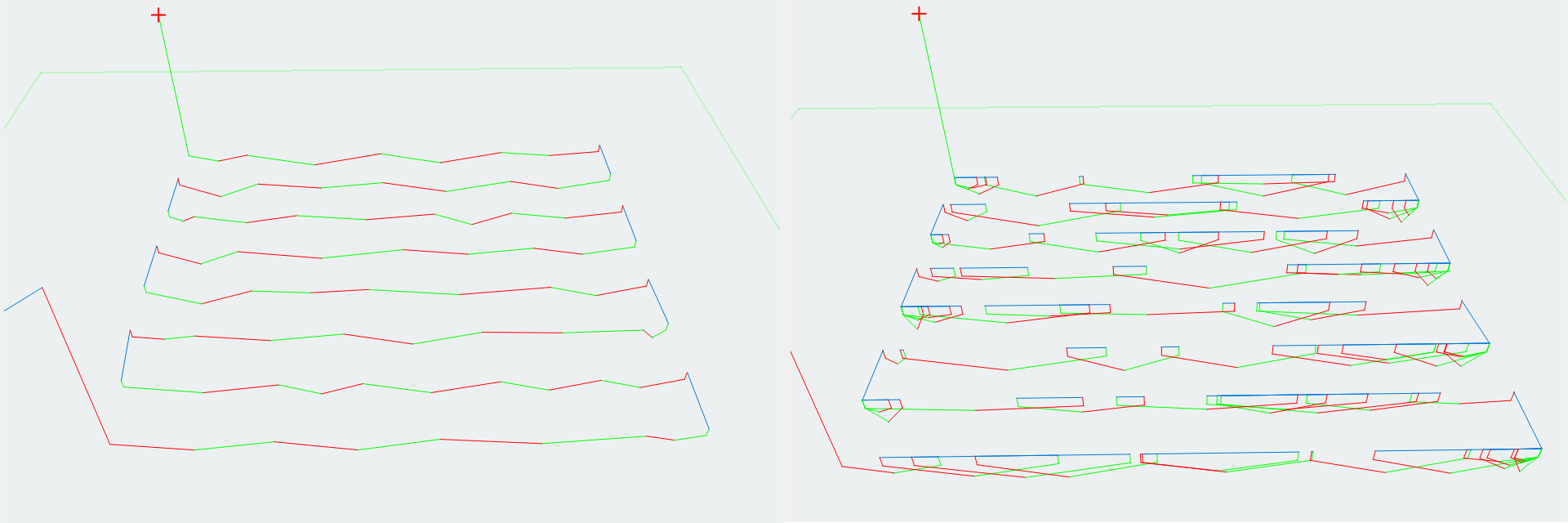 Screenshot of Preview Window showing differences in generated toolpaths with different Line Overlap Percentage values